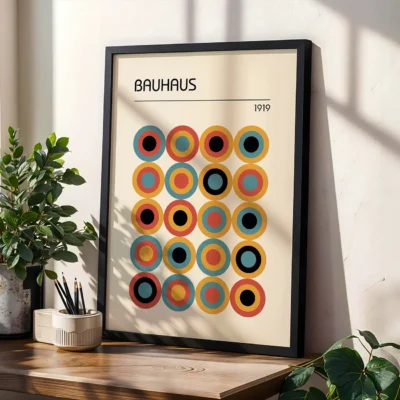 Bauhaus poster in black frame placed on a wooden desk with plants