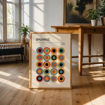 Framed Bauhaus poster leaning against a wall in cozy home interior with plants