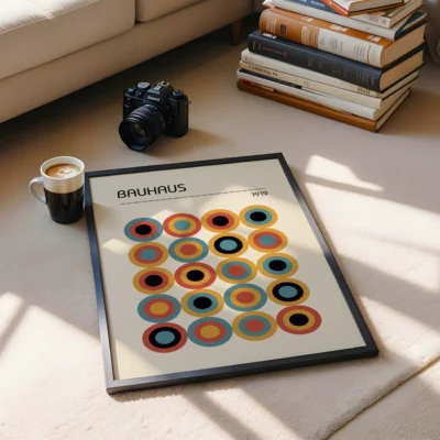 Framed Bauhaus poster on floor with coffee, books, and camera
