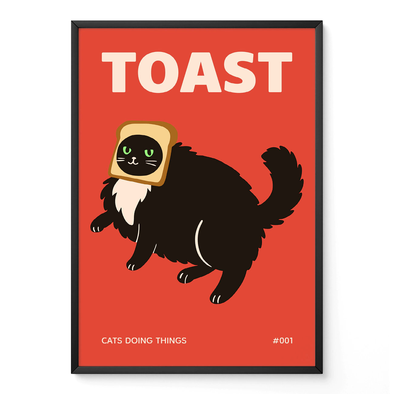 Retro-style poster of a black cat with a slice of toast on its head on a red background