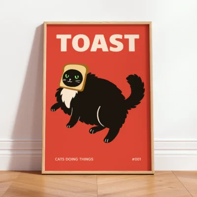Retro-style poster of a black cat with a slice of toast on its head on a red background