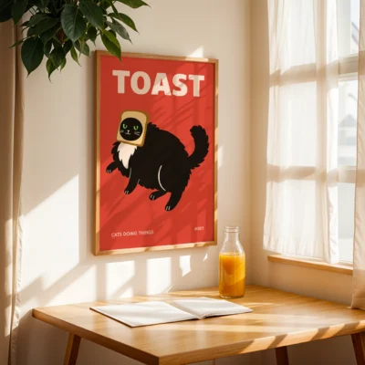 Wall-mounted cat poster in sunlit reading nook with juice and book