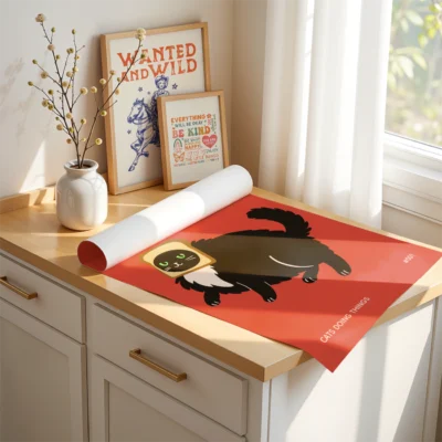 Unframed retro cat poster rolled on table near vintage prints