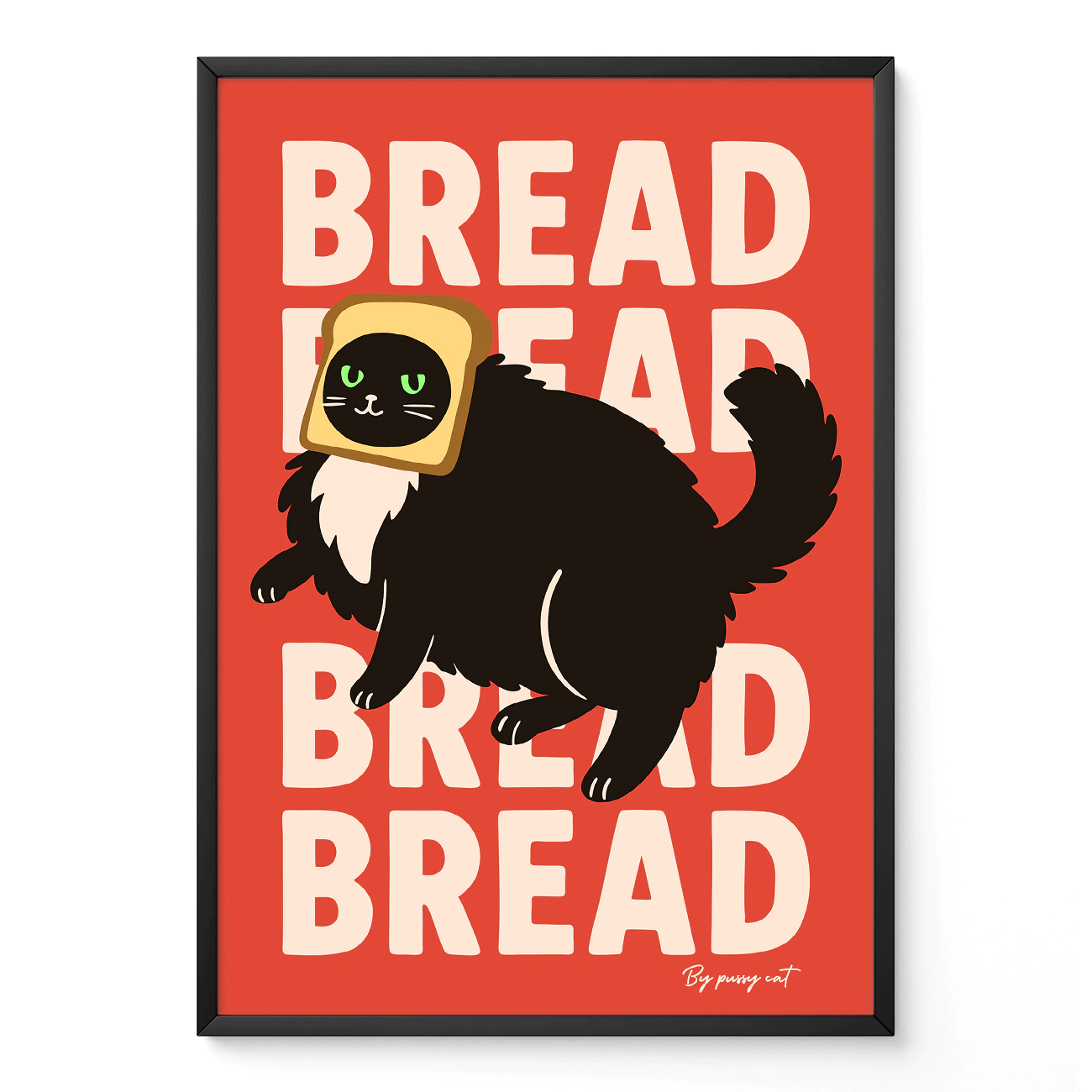 Framed poster of black cat with toast on head and repeated "BREAD" text