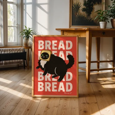 Retro bread cat print in cozy living room near wooden desk