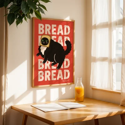 Poster mounted in reading nook with sunlight, book and juice