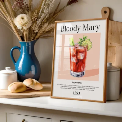 Bloody Mary cocktail poster on shelf with vase and kitchen decor, warm retro styling.