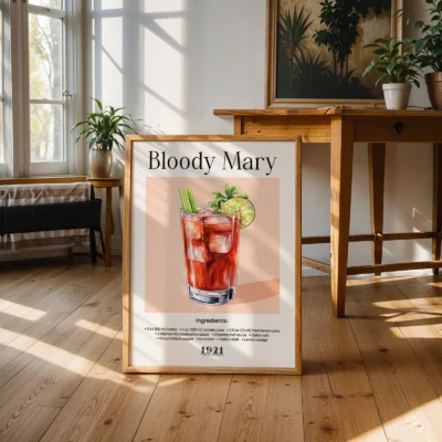 Bloody Mary cocktail poster standing on floor in sunlit room, classic retro drink illustration.