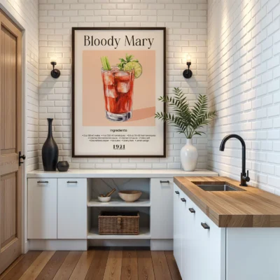 Bloody Mary vintage cocktail poster displayed in a modern kitchen interior.