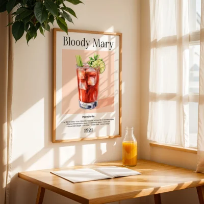 Bloody Mary cocktail poster on table by window with natural light, vintage bar aesthetic.