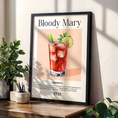 Framed Bloody Mary cocktail poster on shelf with plants, classic retro bar style.