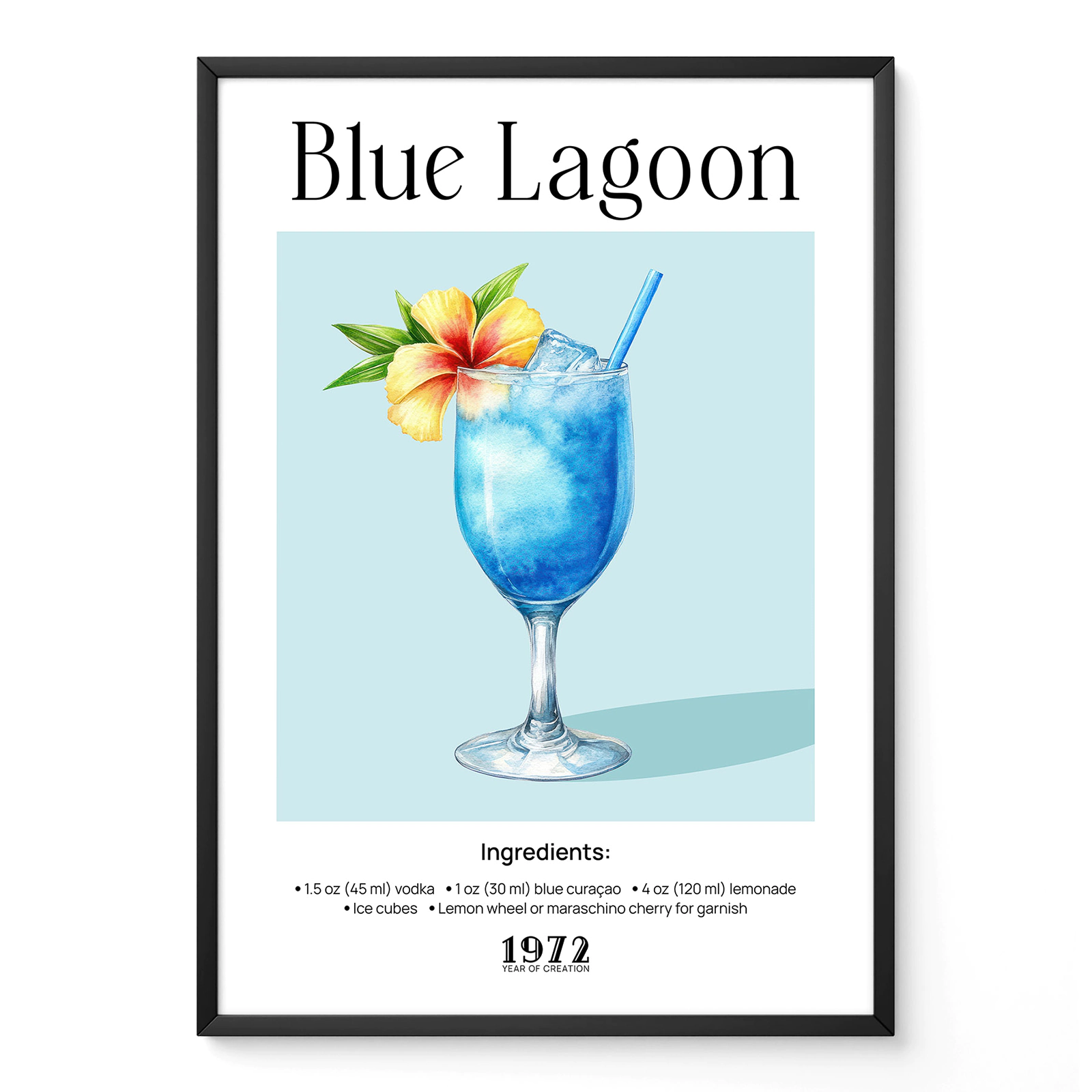 Blue Lagoon Cocktail Recipe Print – Bar Kitchen Poster Retro Blue Lagoon cocktail poster with illustrated blue drink, floral garnish and classic recipe layout.