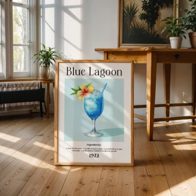 Blue Lagoon cocktail poster standing on floor in sunlit room, fresh retro drink illustration.