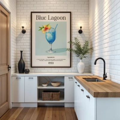 Blue Lagoon vintage cocktail poster displayed in a modern kitchen interior.