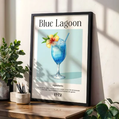 Framed Blue Lagoon cocktail poster on shelf with plants, clean retro bar style.
