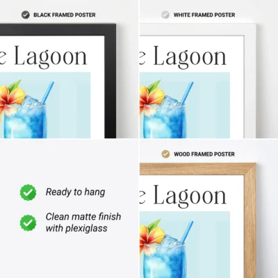 Blue Lagoon cocktail poster showing black, white and wood frame options, ready to hang.