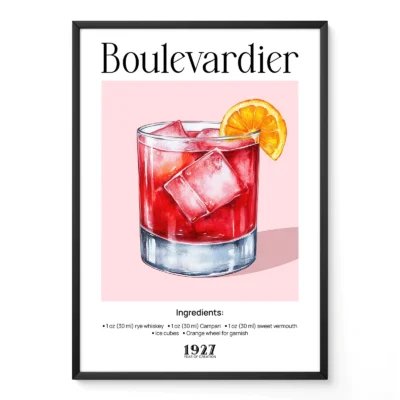 Classic Boulevardier cocktail poster with illustrated red cocktail, ice cubes and orange garnish, vintage bar style.
