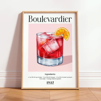 Framed Boulevardier vintage cocktail print leaning against wall in a minimalist interior.