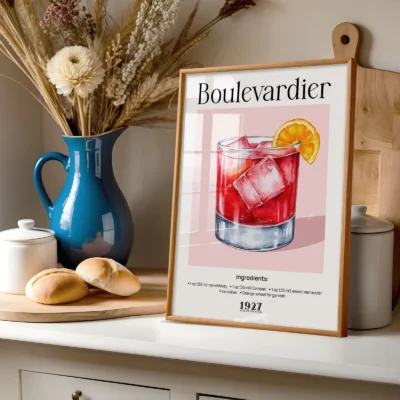 Boulevardier cocktail poster on shelf with vase and kitchen decor, warm vintage styling.