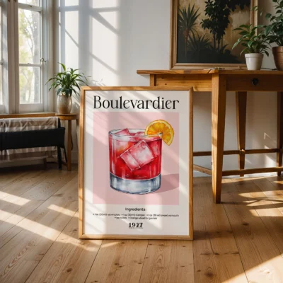 Boulevardier cocktail poster standing on floor in sunlit room, classic retro drink illustration.