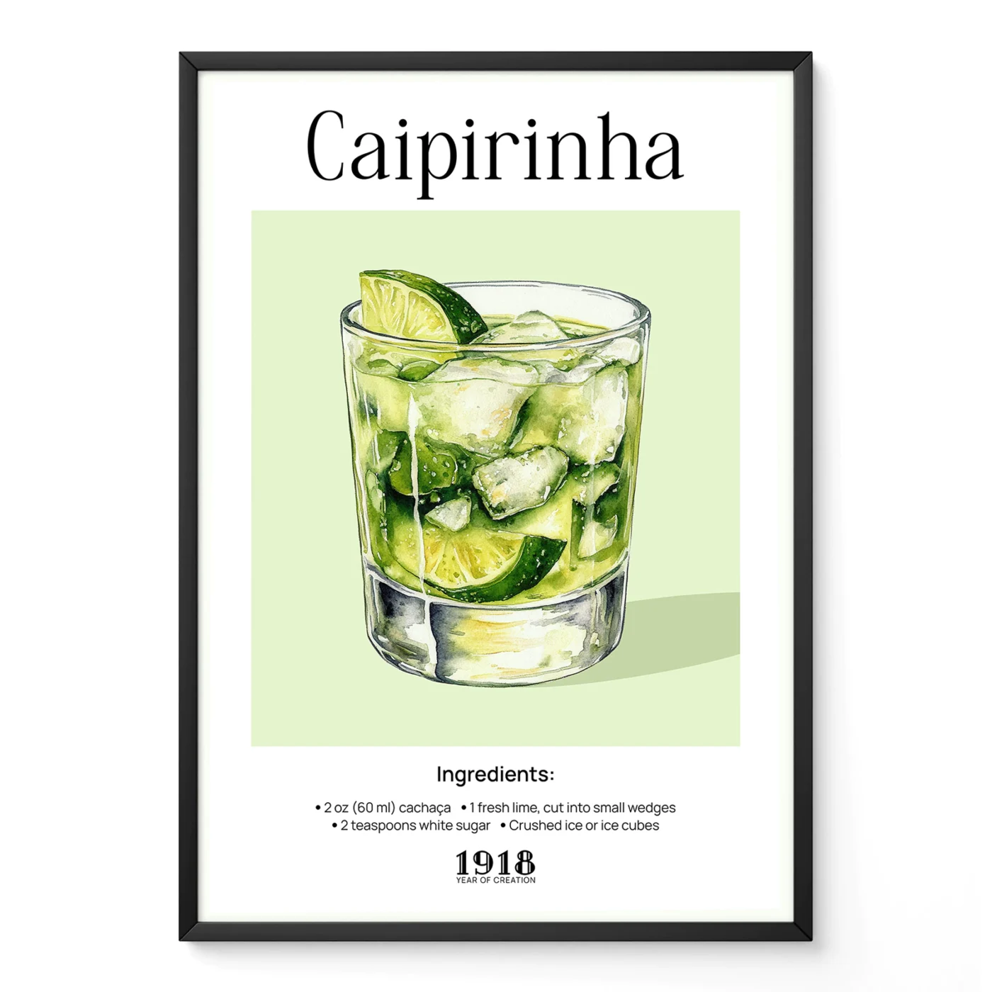 Caipirinha poster with vintage watercolor illustration of classic Brazilian lime cocktail in rocks glass.