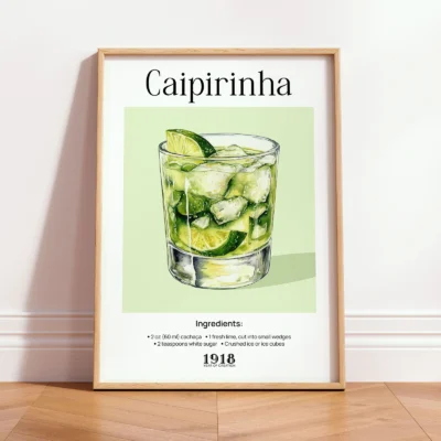 Caipirinha poster in wooden frame, minimalist vintage cocktail wall print with fresh lime tones.