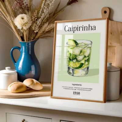 Caipirinha poster styled on shelf with decor, retro watercolor cocktail wall print aesthetic.