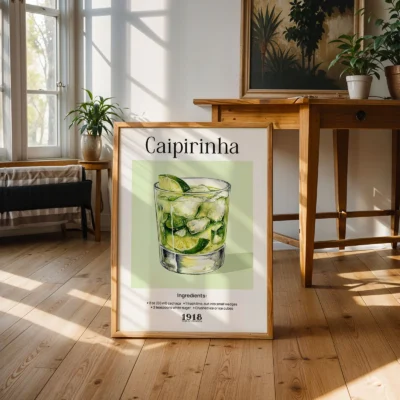Caipirinha poster displayed in bright interior, vintage cocktail wall print with lime green palette.