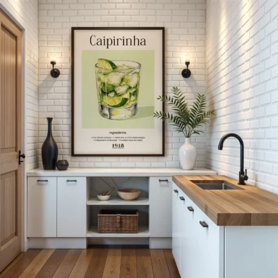 Caipirinha poster hanging in kitchen interior, classic retro cocktail wall print.