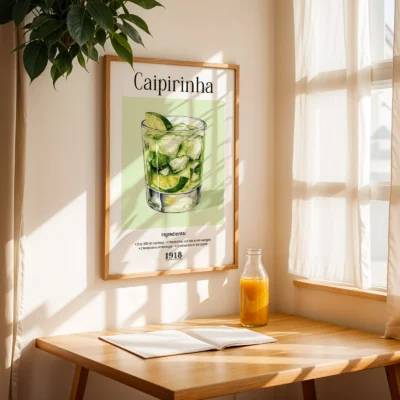 Caipirinha poster near window with natural light, airy vintage cocktail wall print.