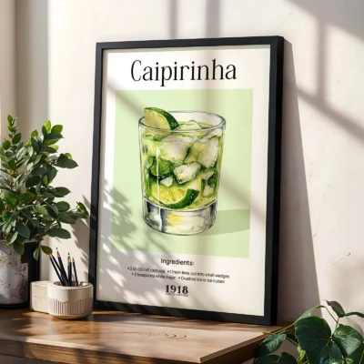 Caipirinha poster styled with plants, retro cocktail wall print for natural interiors.