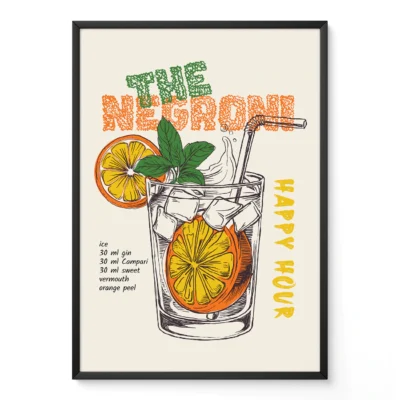 Illustration of a Negroni cocktail with recipe details in a wooden frame