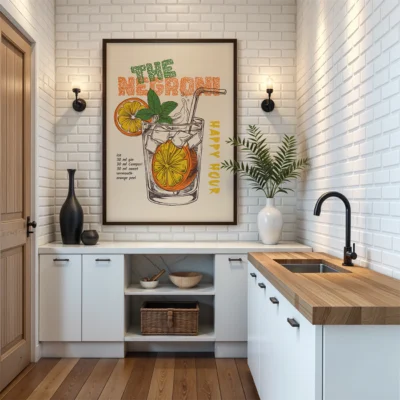 A modern kitchen corner with a 'The Negroni Happy Hour' poster on the wall, a wooden countertop, and kitchen cabinets.