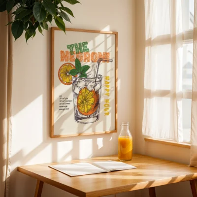 Colorful poster of a Negroni cocktail featuring orange slices and mint, with the words 'THE NEGRONI' and 'HAPPY HOUR'.