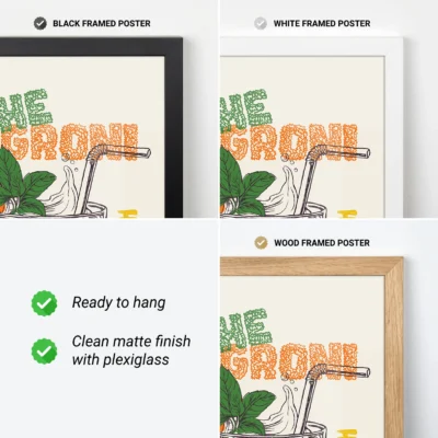 Cocktail poster with three frames: black, white, and wood, showcasing the word 'Negroni' and a cocktail illustration.