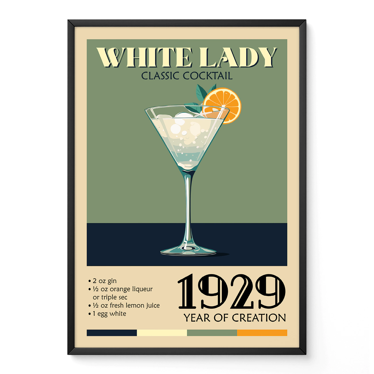 Illustration of a White Lady cocktail in a glass, featuring an orange garnish and ingredients listed