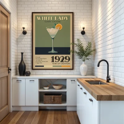 Vintage poster of a White Lady cocktail displayed in a modern kitchen
