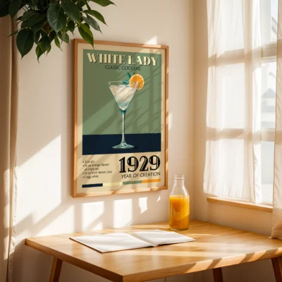 Vintage poster of White Lady cocktail showcasing the drink in a glass with garnishment and 1929 creation year.