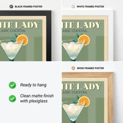 Three framed posters of the White Lady cocktail in black, white, and wood frames, showcasing the drink alongside its name and features.