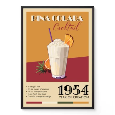 Vintage poster of a Pina Colada cocktail with ingredients and year of creation 1954
