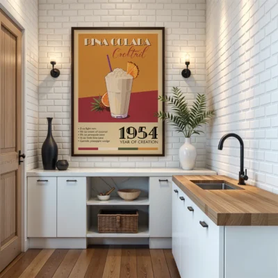 Vintage Pina Colada cocktail poster framed on a white brick wall in a kitchen setting