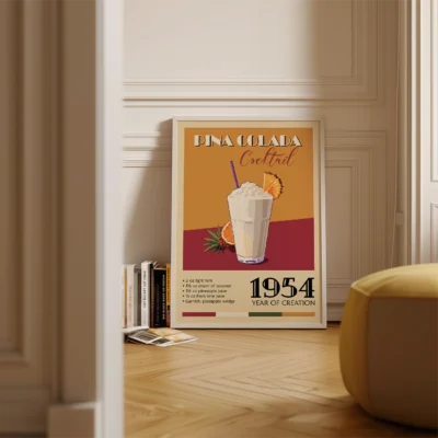 Vintage poster of a Pina Colada cocktail featuring the drink in a glass with garnishes, surrounded by informative text about the ingredients and year of creation.