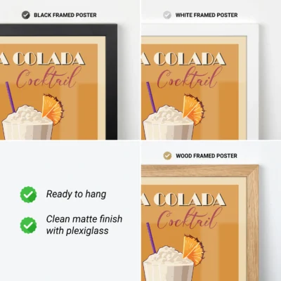 Collage of Pina Colada cocktail posters in black, white, and wood frames with features listed