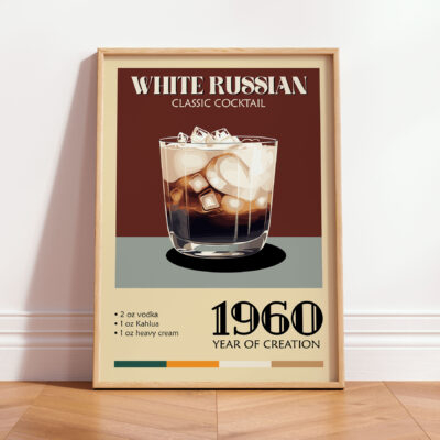 Vintage poster of a White Russian cocktail with ice in a glass, featuring the year 1960 and ingredients listed.
