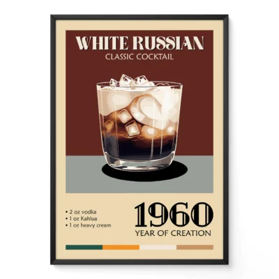 Vintage poster of a White Russian cocktail with ice in a glass, featuring the year 1960 and ingredients listed.