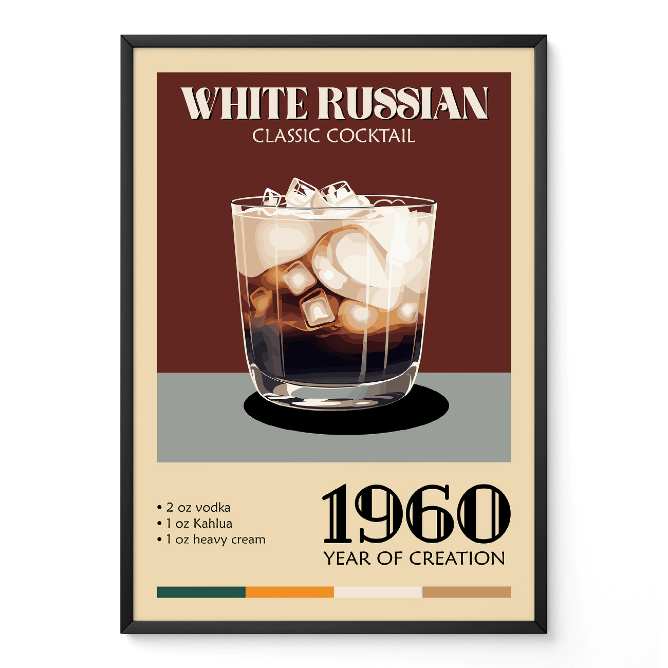Vintage poster of a White Russian cocktail with ice in a glass, featuring the year 1960 and ingredients listed.