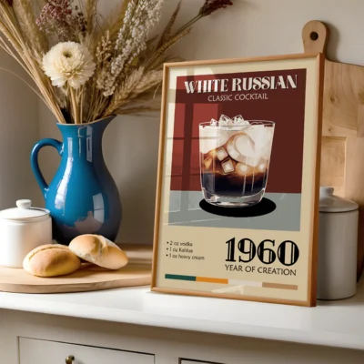 A vintage poster of a White Russian cocktail displaying ingredients and the year of creation, 1960.
