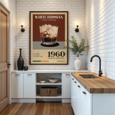 A modern kitchen interior showcasing a vintage poster of the White Russian cocktail with the year 1960 and its ingredients. The kitchen features a wooden countertop and white cabinets.