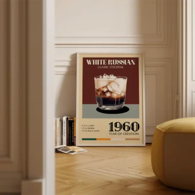 A poster showcasing a White Russian cocktail with a modern design featuring its ingredients and year of creation.