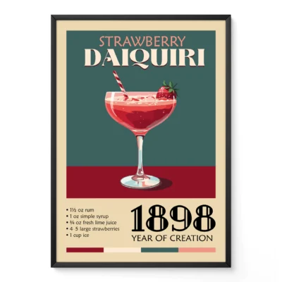Vintage poster of a Strawberry Daiquiri cocktail with ingredients listed below